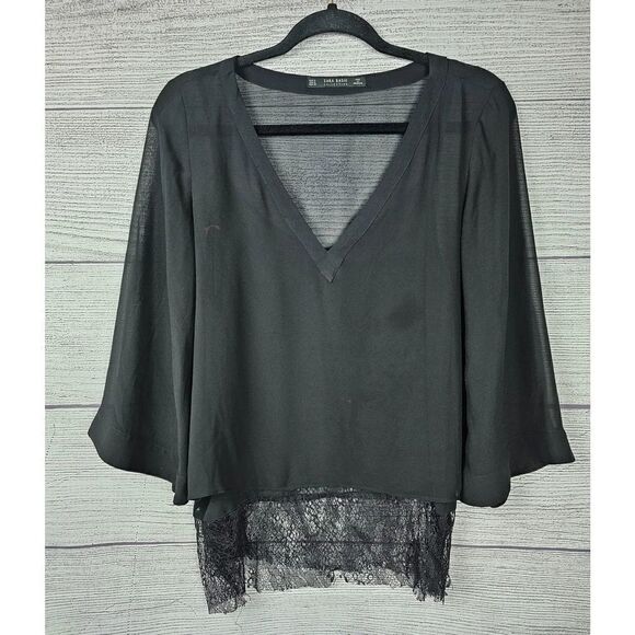Zara Basic Collection Top Overlay Sheer Blouse Black Size Medium - Picture 1 of 7